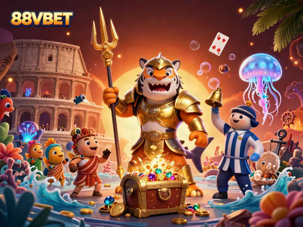 88VBET showcases an exciting underwater battle with a tiger shark and vibrant sea creatures.