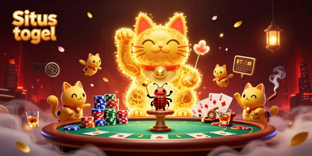 Situs togel illustration showcasing a giant lucky cat with poker elements, enhancing the gambling atmosphere.