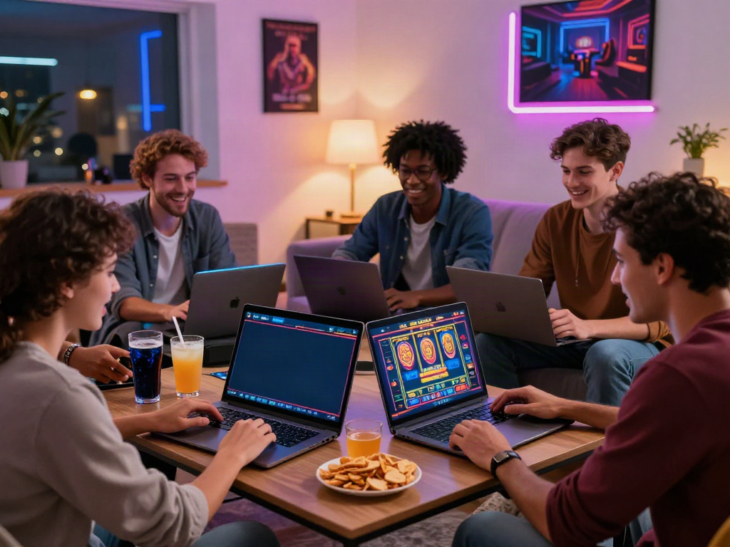 Friends enjoying online gaming at casinos that take credit cards, vibrant atmosphere with snacks and drinks.