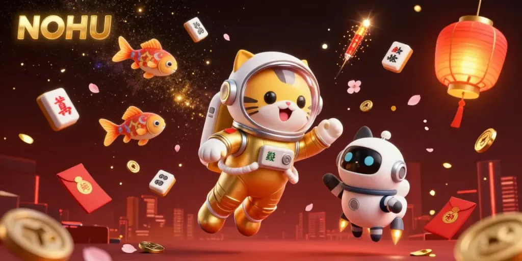 NOHU offers thrilling experiences with cartoon characters engaging in a vibrant casino adventure.