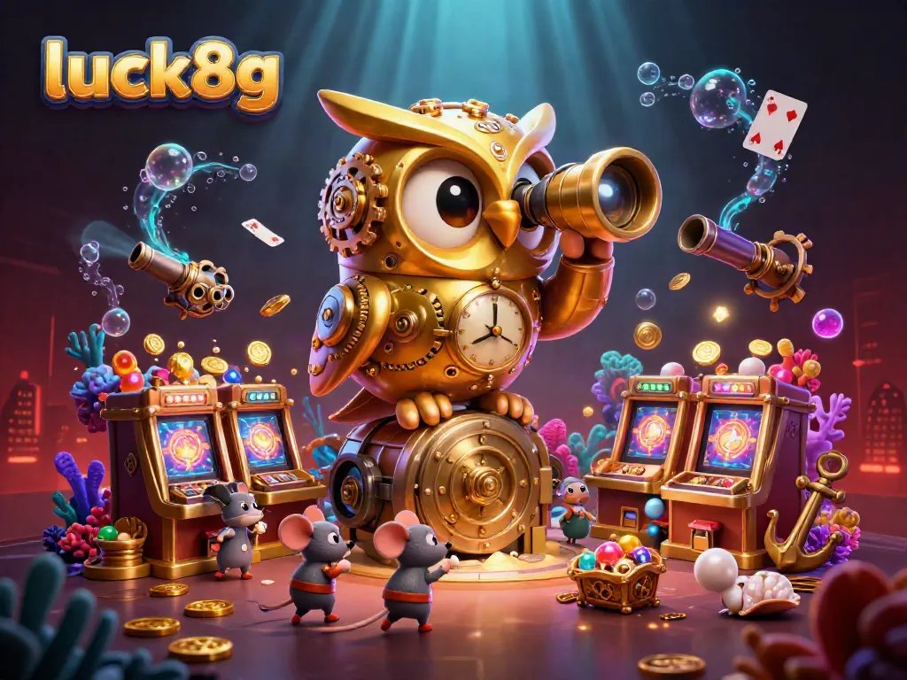 Experience luck8g excitement with a golden owl scanning a vibrant casino scene filled with vibrant symbols and elements.