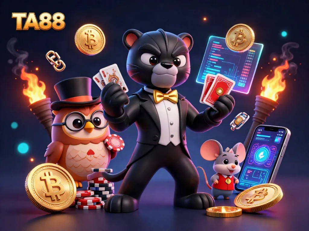 TA88 showcases an engaging scene with a black panther dealer and friends immersed in a vibrant casino atmosphere.