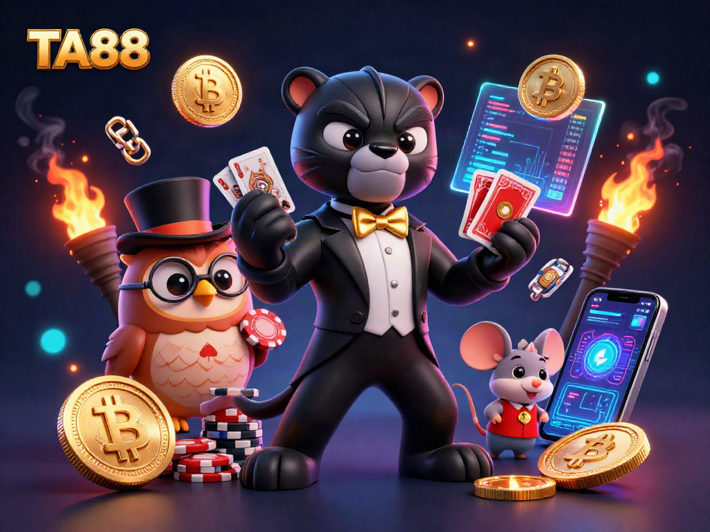 TA88 showcases an engaging scene with a black panther dealer and friends immersed in a vibrant casino atmosphere.