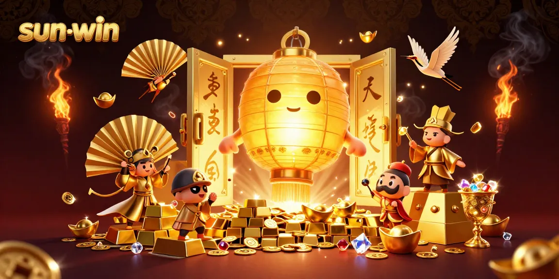 Experience thrills with the sun-win spirit illuminating a vibrant casino scene, featuring golden treasures and lucky symbols.