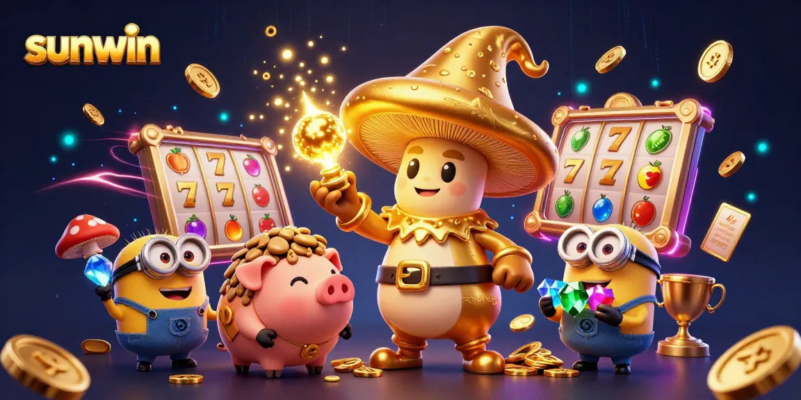 Engage with the vibrant sunwin online casino experience, featuring a golden wizard surrounded by slot elements and dynamic magic.