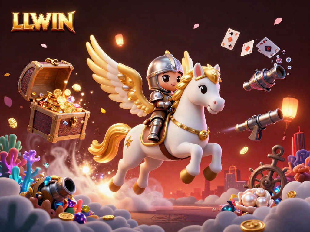 Experience thrilling gameplay at LLWIN with a magical scene of a galloping celestial horse and treasures.