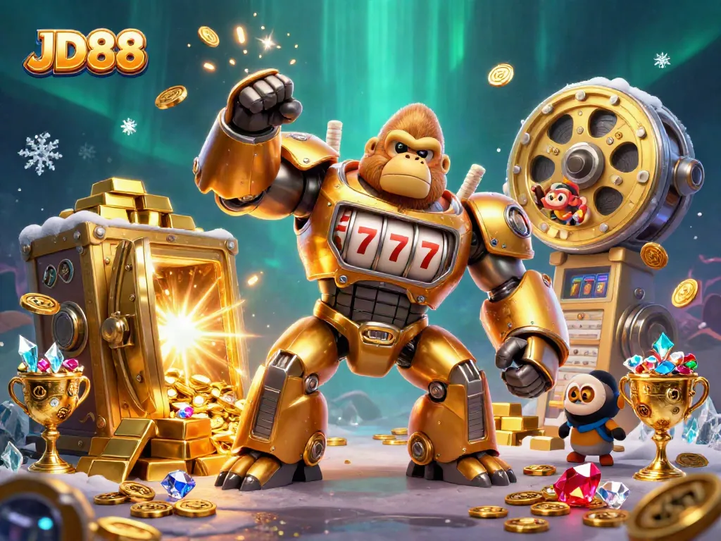 Engage in thrilling slot adventures at JD88 with vibrant 3D golden gorilla mech surrounded by treasure.