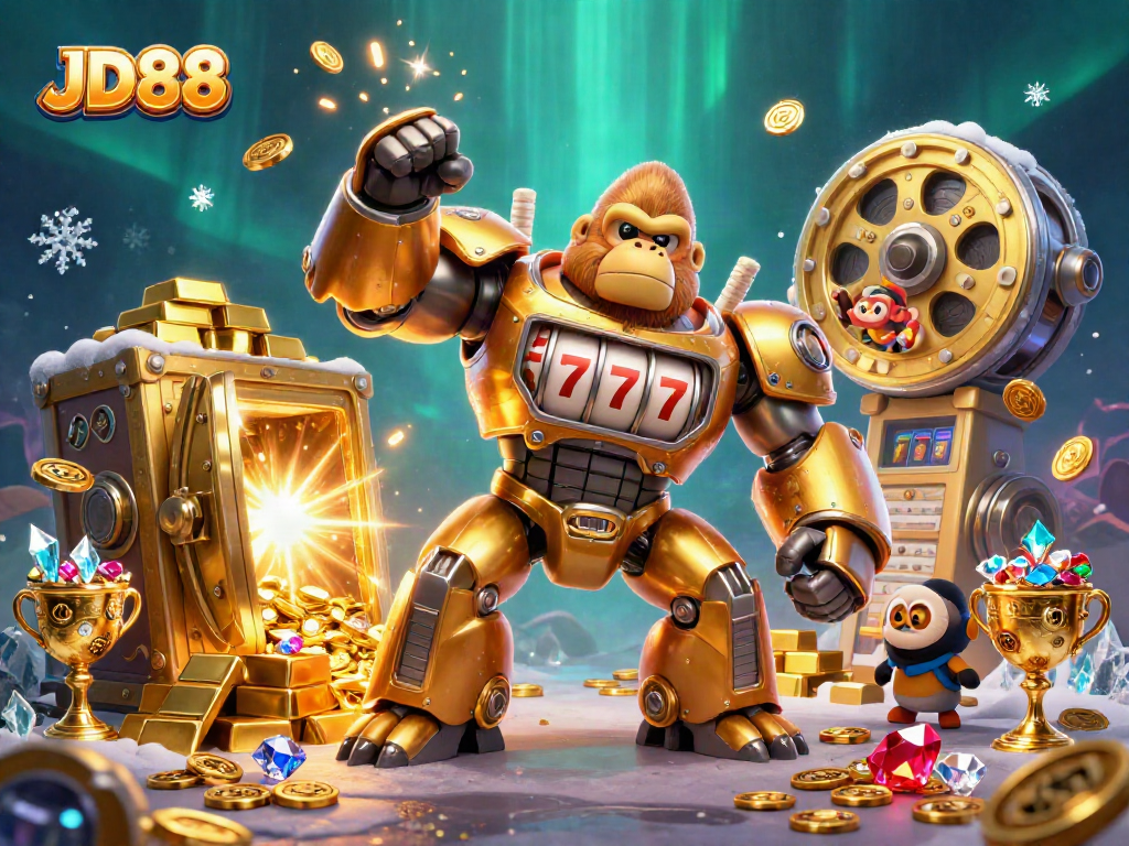 Engage in thrilling slot adventures at JD88 with vibrant 3D golden gorilla mech surrounded by treasure.