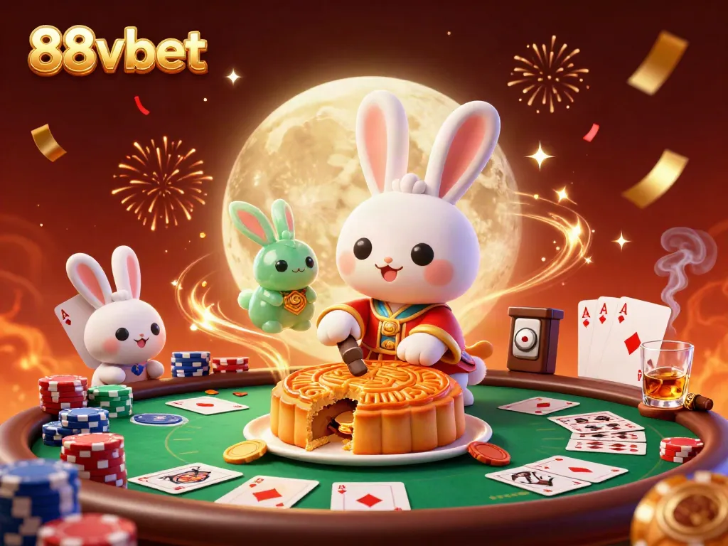 Engage with 88vbet in a vibrant casino scene featuring a moon rabbit and poker elements.