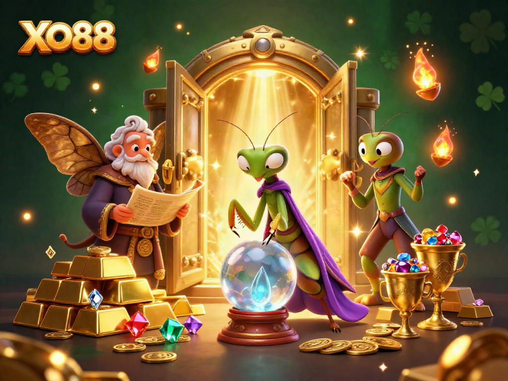 Experience the magic of XO88 with a 3D fortune teller revealing jackpot secrets amidst dazzling treasures.