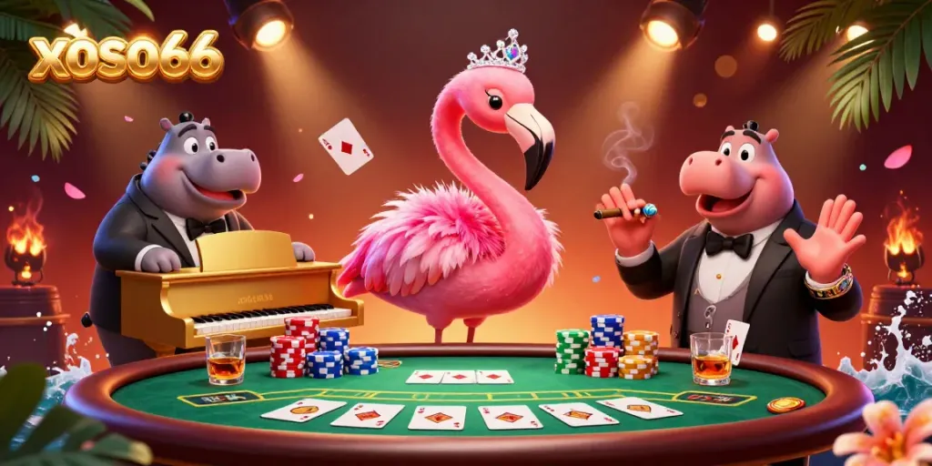 Experience the vibrant world of xoso66 with a lively 3D casino scene featuring unique characters and poker elements.