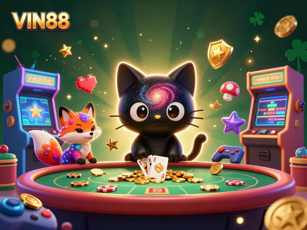 Engage with VIN88 in a vibrant cosmic casino scene featuring a black hole cat and nebula fox.