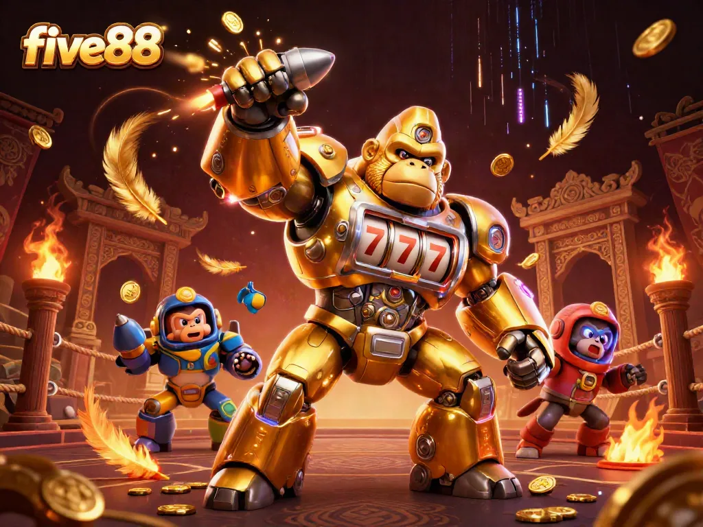 Bet big with five88 in an exciting casino scene featuring a golden gorilla mech amidst action-packed elements.