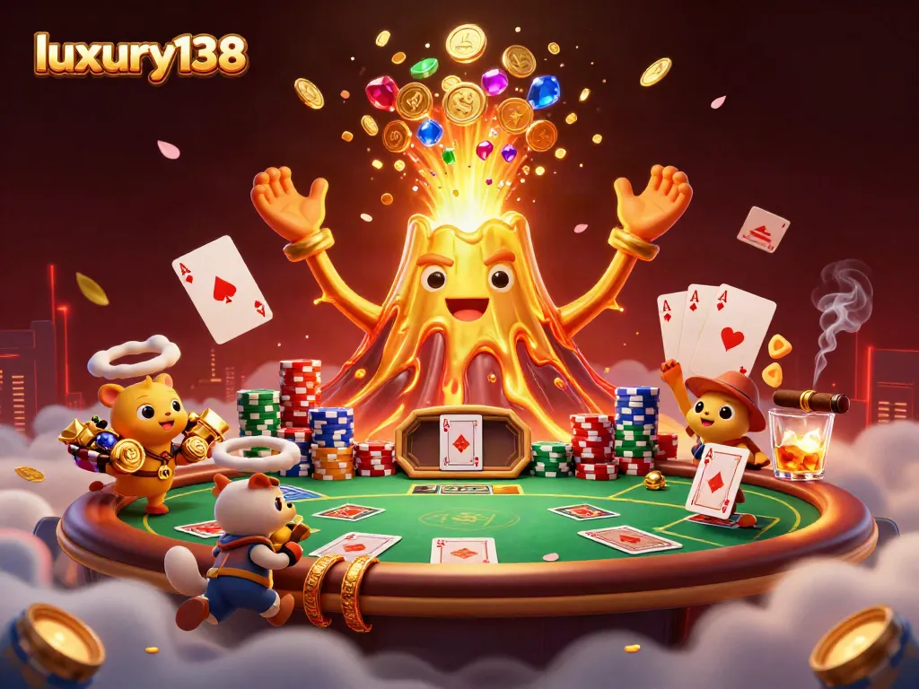 Experience the thrill of luxury138 gaming with a vibrant scene of a golden volcano erupting coins.
