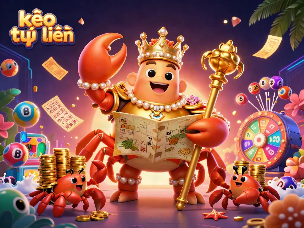 Experience kèo trực tuyến with an ultra-detailed crab emperor and vibrant gambling elements in action.