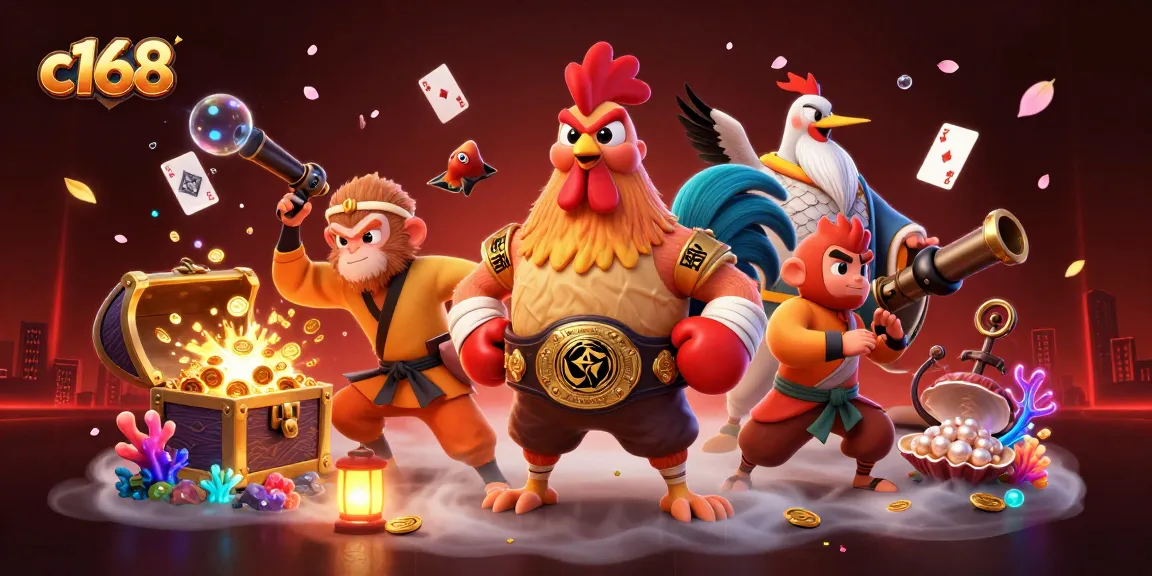 Spin to win with c168: A vibrant scene featuring cartoon characters amidst treasure and casino elements.