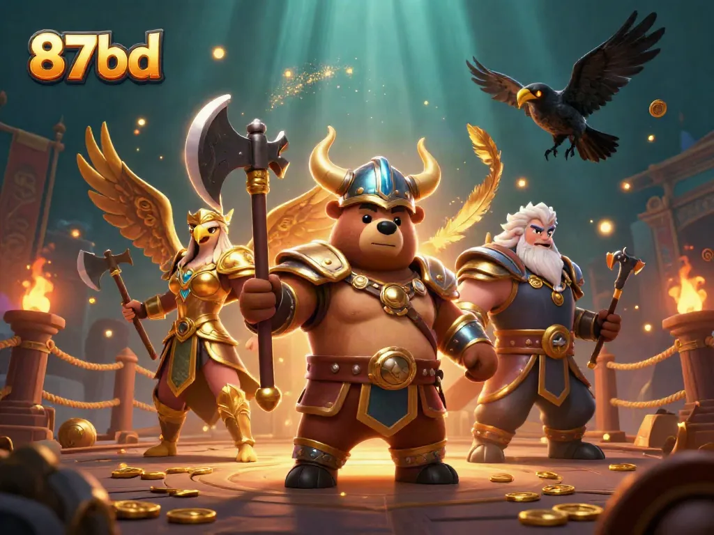 Join the excitement at 87bd's vibrant casino scene featuring Viking characters and dynamic gambling elements.