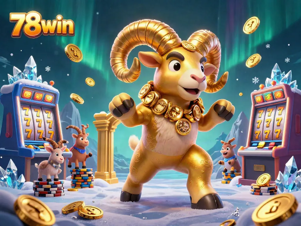 Experience thrilling wins at 78win with vibrant slot machines and a charging golden ram in this captivating illustration.