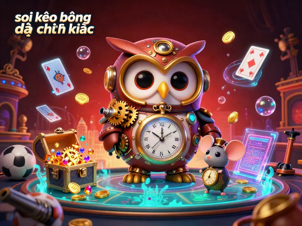 Soi kèo bóng đá chính xác visualizing a time-traveling owl in a dynamic casino scene packed with sports betting elements.
