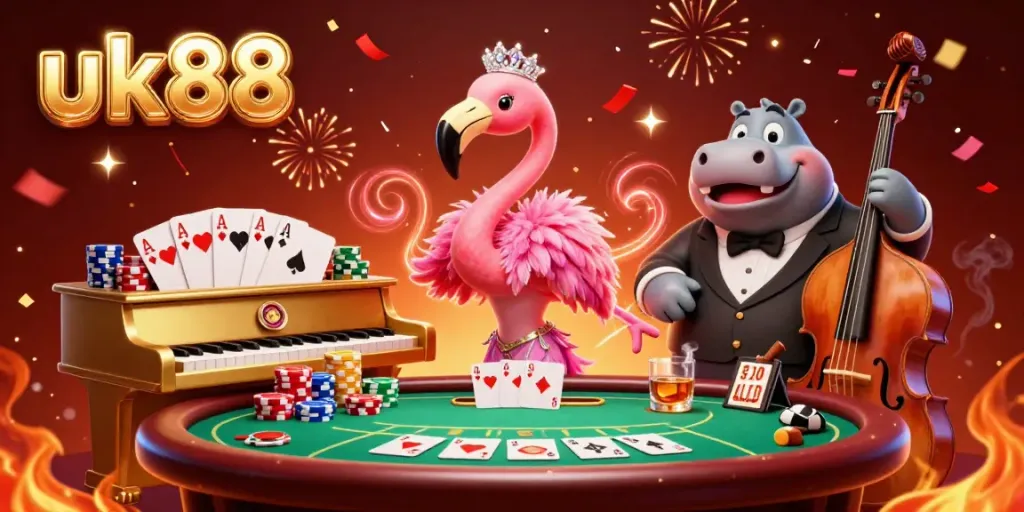 Experience thrilling moments at uk88 with a colorful 3D casino scene featuring a flamingo lounge singer.