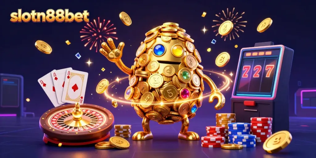 Experience slotn88bet's thrilling games with a golden golem amidst cascading coins and betting actions.
