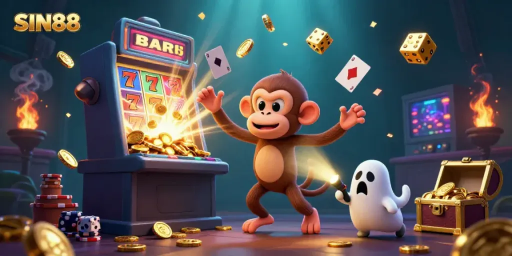 Experience the excitement of SIN88 with a playful monkey and ghost-hunter puppy in a dynamic casino scene.
