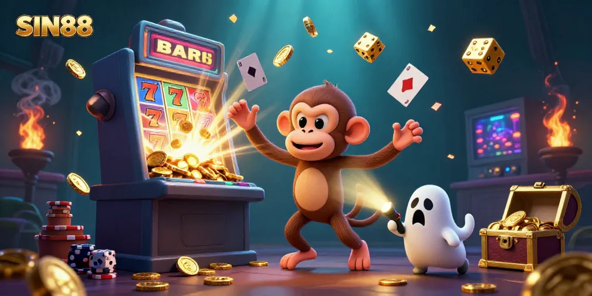 Experience the excitement of SIN88 with a playful monkey and ghost-hunter puppy in a dynamic casino scene.