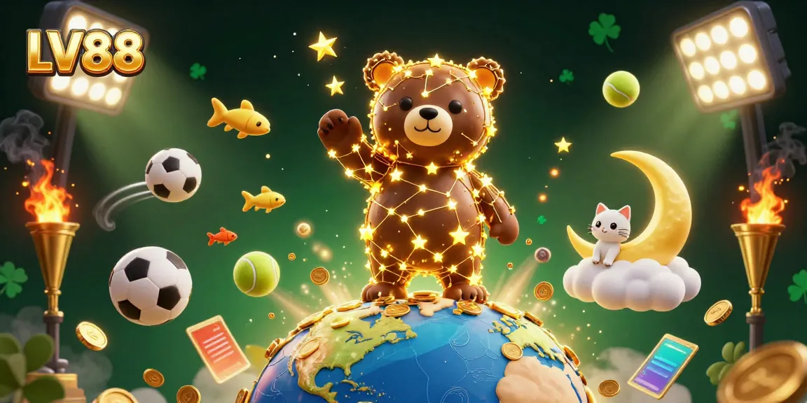 Experience LV88's thrilling gaming action with a dazzling constellation bear, sports elements, and coins flying dramatically.