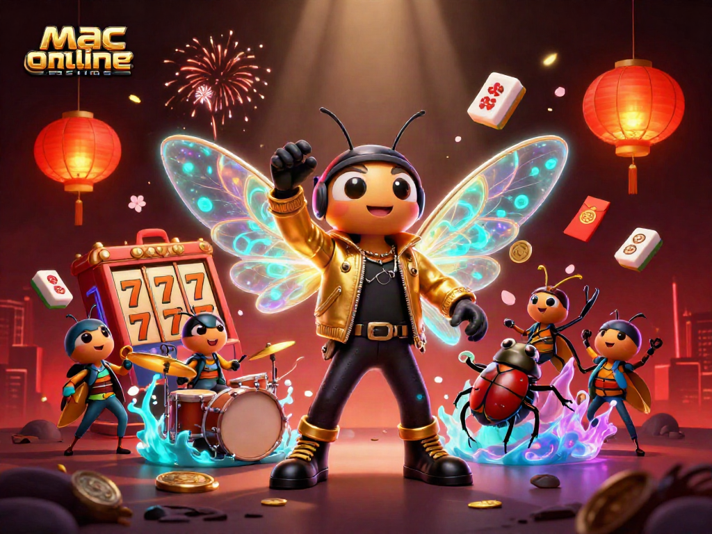 Engage in mac online casinos with vibrant 3D scene of a cicada rock star and game elements.