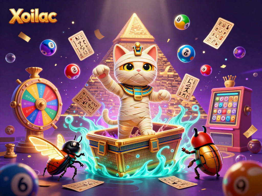 Xoilac brings excitement with a vibrant scene of a mummy cat and golden elements in a casino.