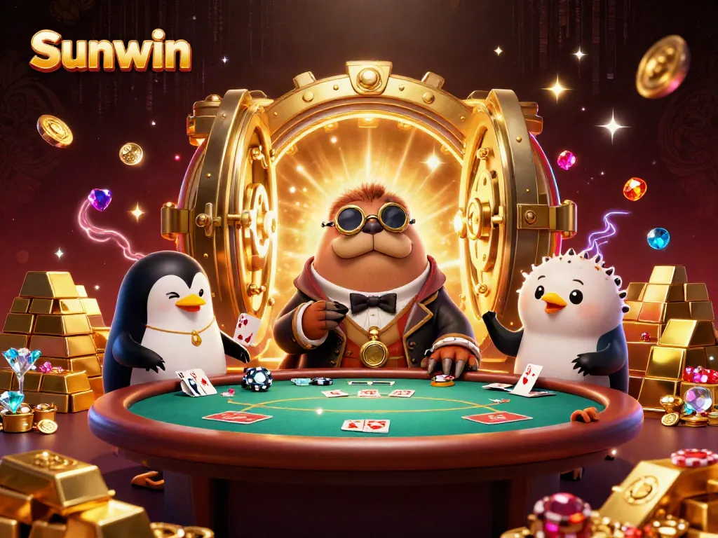 Experience the thrill of poker at Sunwin with whimsical characters and casino treasures.