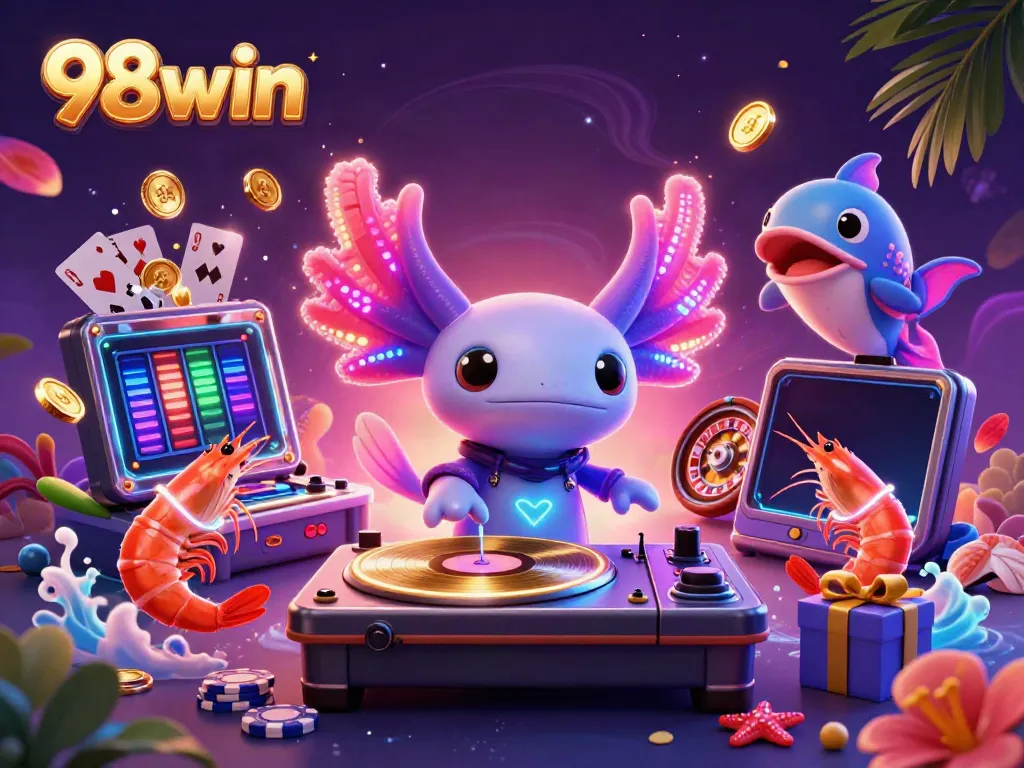 Engage in vibrant 98win gaming with a neon axolotl DJ and lively underwater characters.