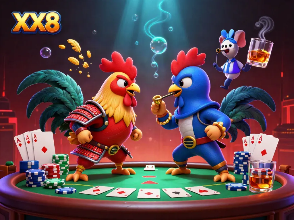 Experience an intense poker showdown with XX8 roosters and vibrant casino elements.
