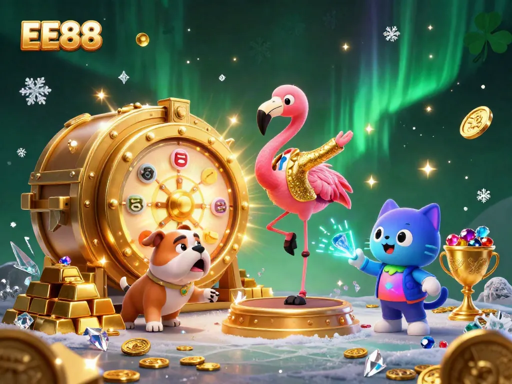 Experience the excitement of EE88 with animated characters at a casino prize wheel, showcasing vibrant winning moments.