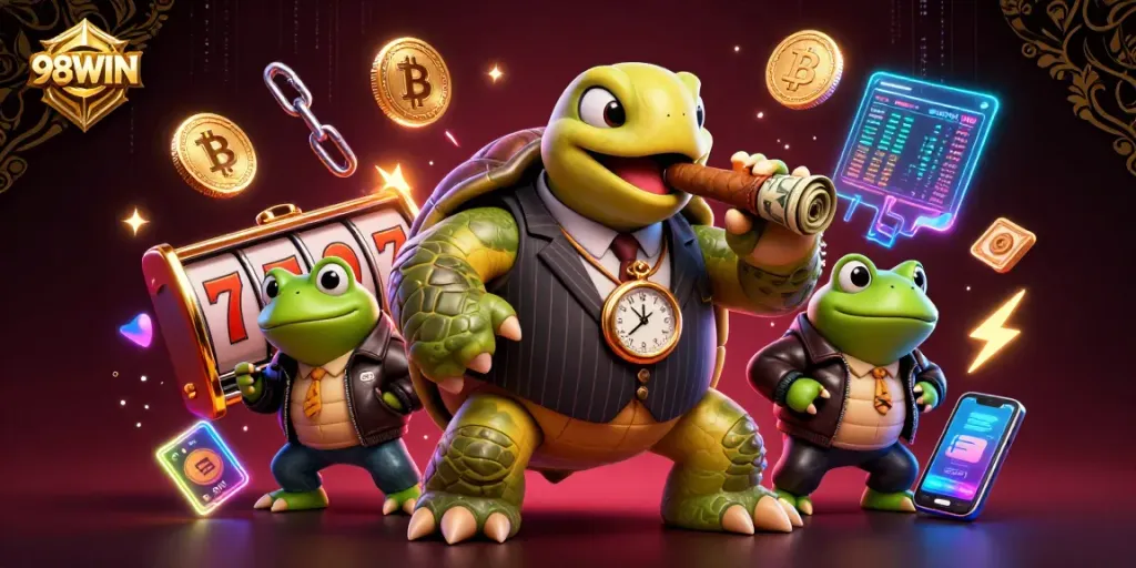 Join the thrilling world of 98WIN with a vibrant 3D casino illustration featuring engaging gaming elements.