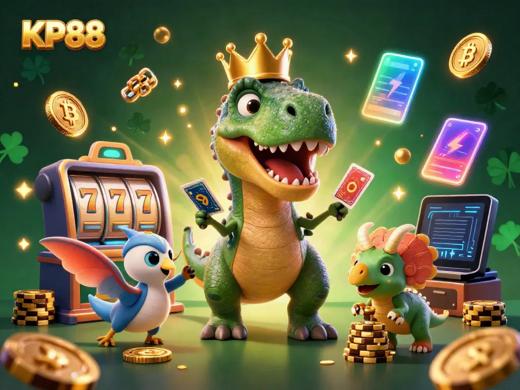 Experience the thrilling gameplay at KP88 with a lively dinosaur card game scene featuring vibrant casino elements.