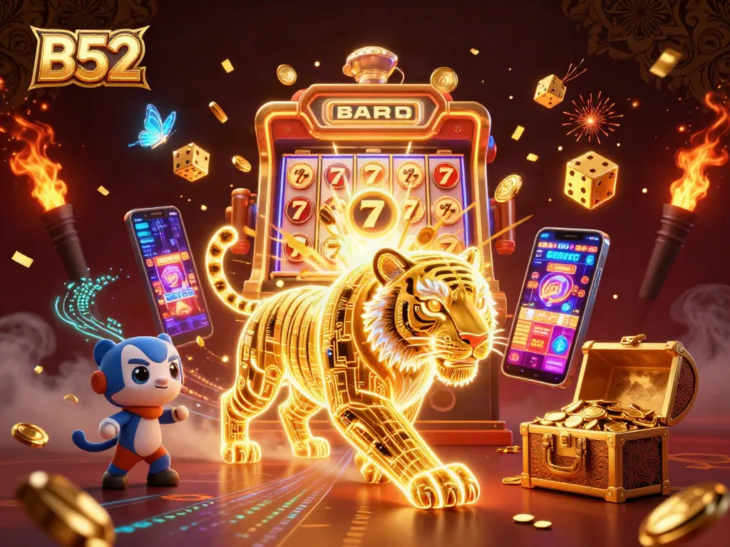 Win big at B52 with a stunning 3D casino scene featuring a golden tiger and dynamic gaming elements.