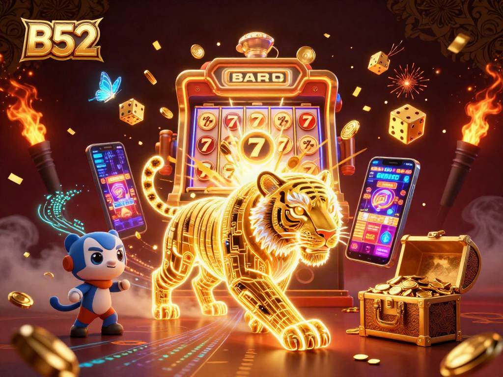 Win big at B52 with a stunning 3D casino scene featuring a golden tiger and dynamic gaming elements.