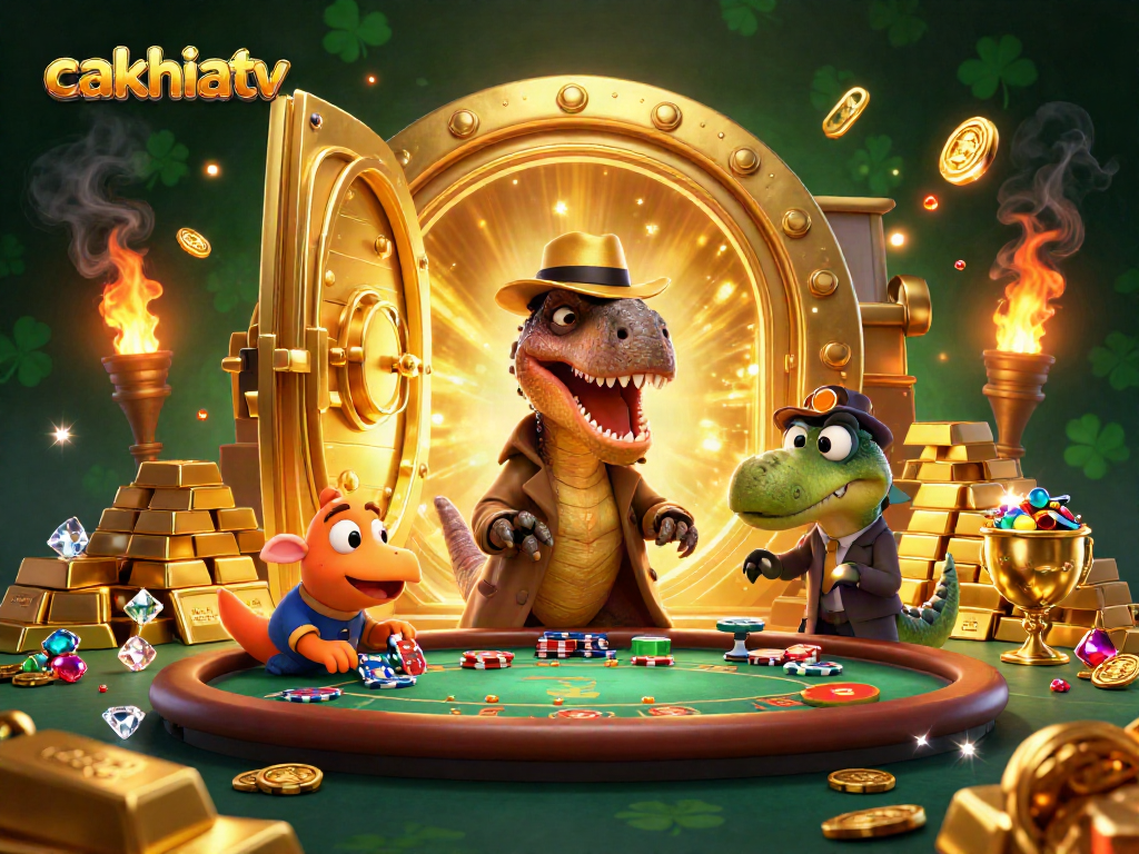 Cakhiatv showcases a 3D velociraptor card counter at a blackjack table, emphasizing playfulness and gambling excitement.