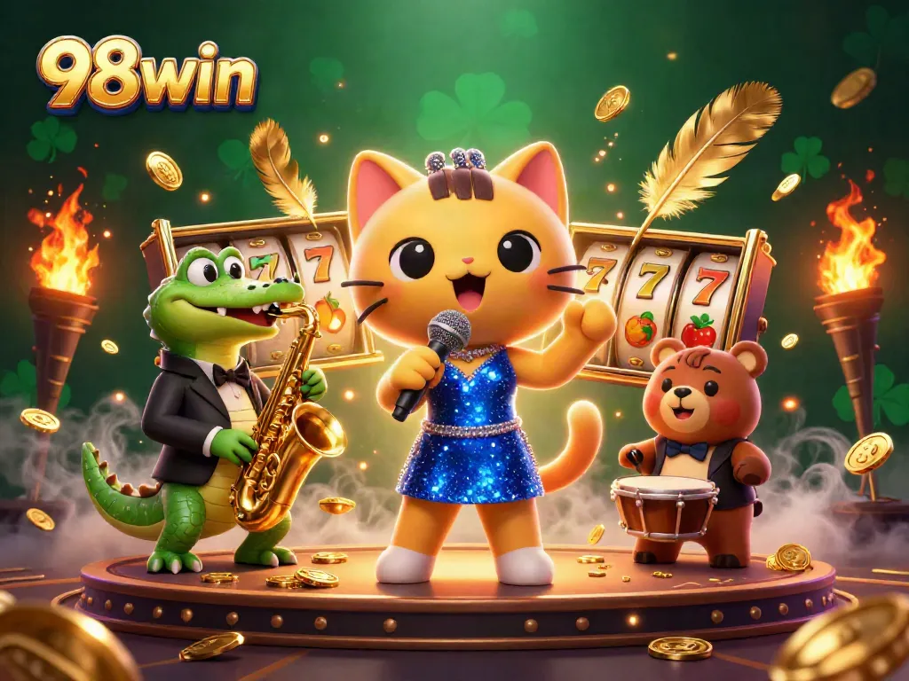 Engage in thrilling casino fun with 98win as a jazz singer cat and friends perform on stage.