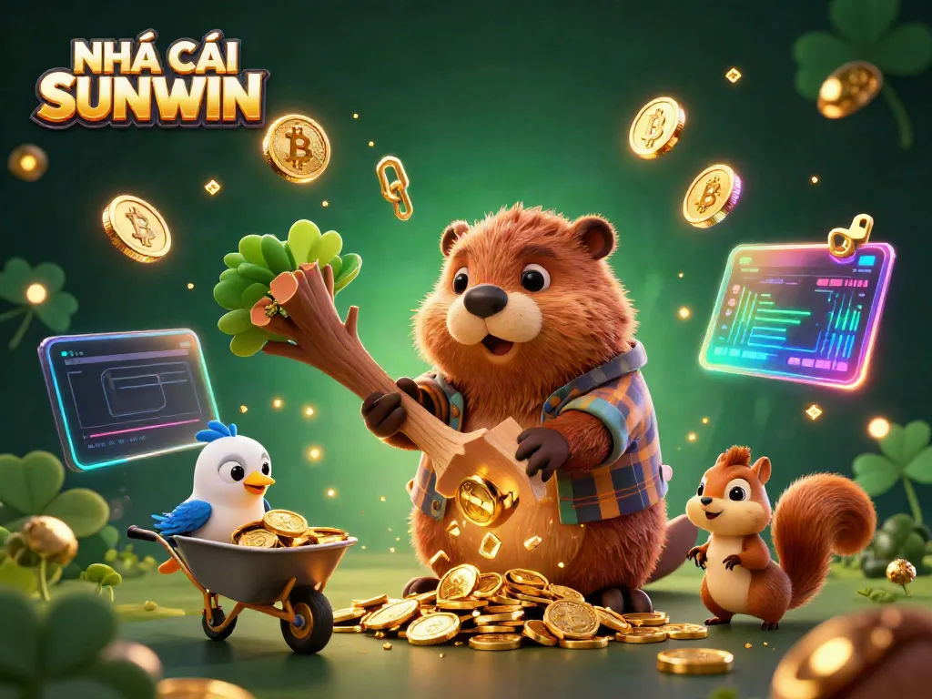 Engage with NHÀ CÁI SUNWIN in this vibrant 3D cartoon scene of a beaver collecting gold coins, highlighting digital currency elements.