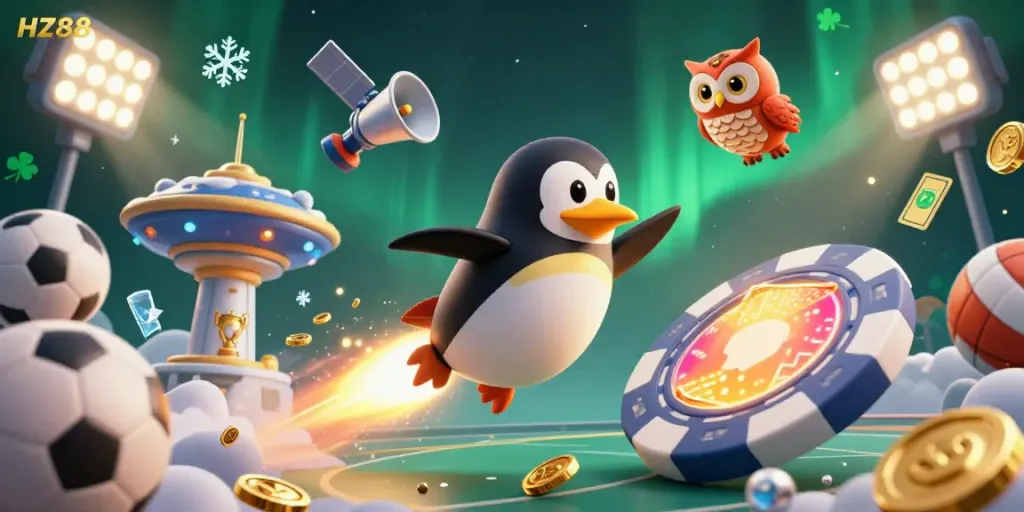 Experience the thrill of gaming at HZ88 with a dynamic scene of a golden penguin racing towards a casino.