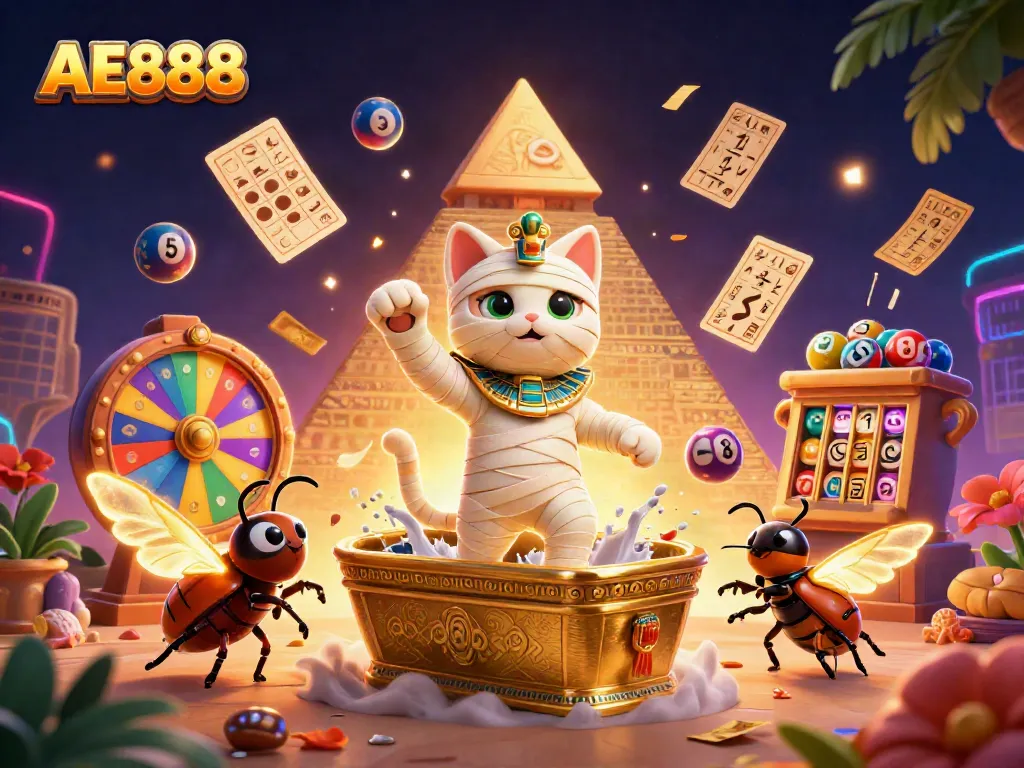 Engage with AE888 in a dynamic online casino scene featuring a mummy cat and vibrant gaming elements.