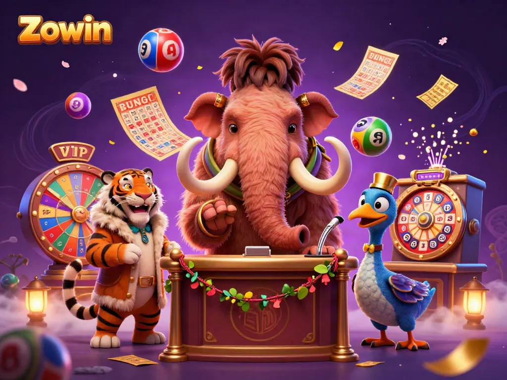 Zowin's vibrant casino scene with a woolly mammoth bouncer, saber-tooth tiger guest, and colorful lottery elements