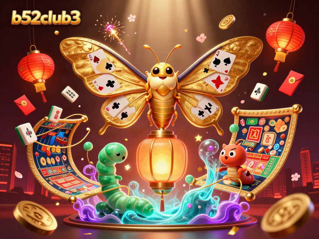 Engage with b52club3 online casino's vibrant scene featuring a dazzling atlas moth and golden gaming elements.