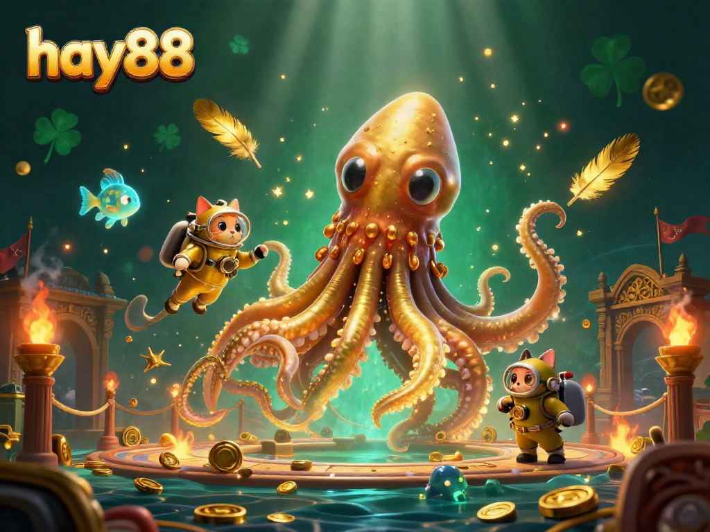 Join the thrilling adventure with hay88, featuring stunning kraken and diving cat in a treasure-filled ocean!