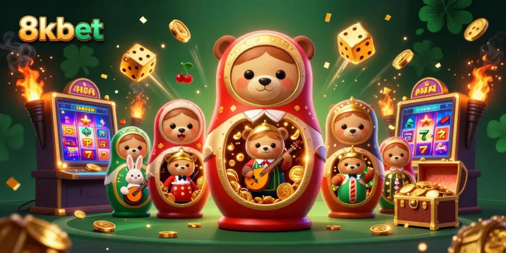 Experience the excitement of 8kbet with diverse casino characters and vibrant gaming elements.