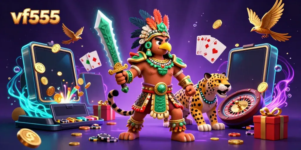 Play colorful slot games with vf555 as Aztec warriors celebrate wins surrounded by rich casino elements.