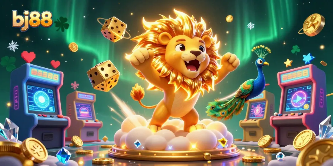 Bj88 offers an exciting casino experience, showcasing a roaring lion and dynamic gaming elements.