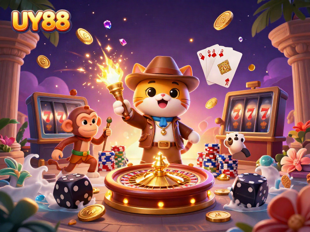 Engaging UY88 scene with an explorer cat and monkey in a vibrant casino environment, filled with gold coins and game elements.